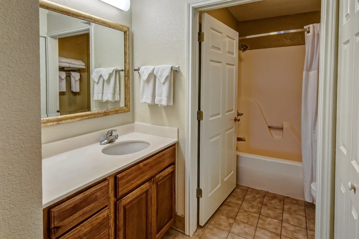 This image depicts a modern bathroom setup, featuring a well-lit mirror, a clean sink, and a bathtub. The space looks fresh and practical, with thoughtful touches for self-care and relaxation.